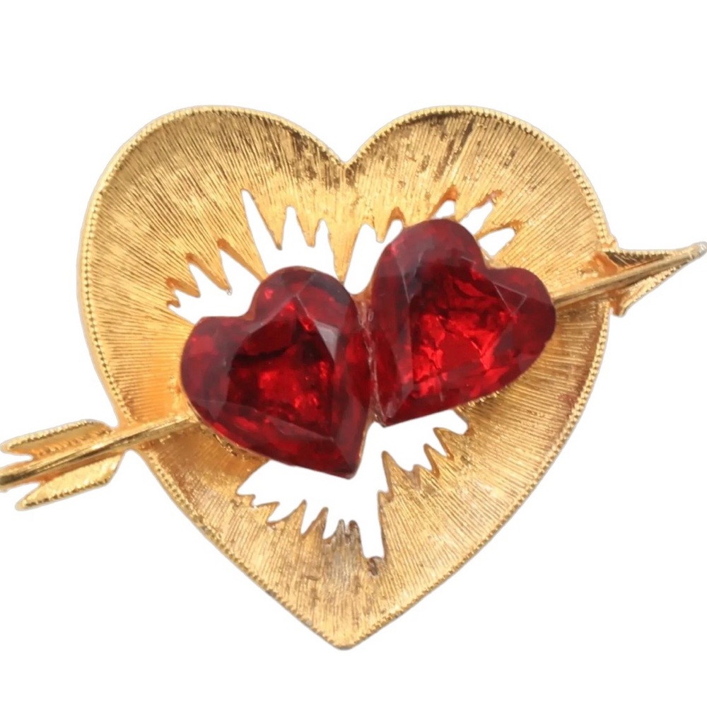 Gold Heart Brooch  JJ Jannette Cupid Brooch Pin with Red Gemstones
